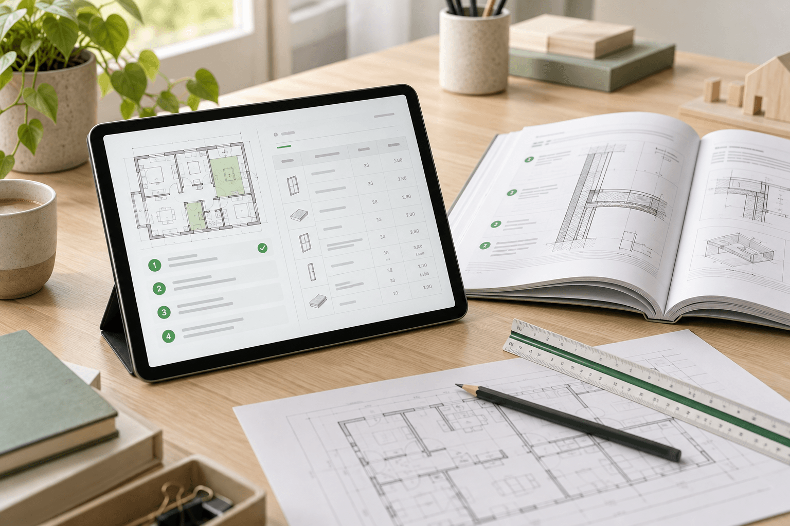 Tablet with a step-by-step construction guide beside an open technical manual