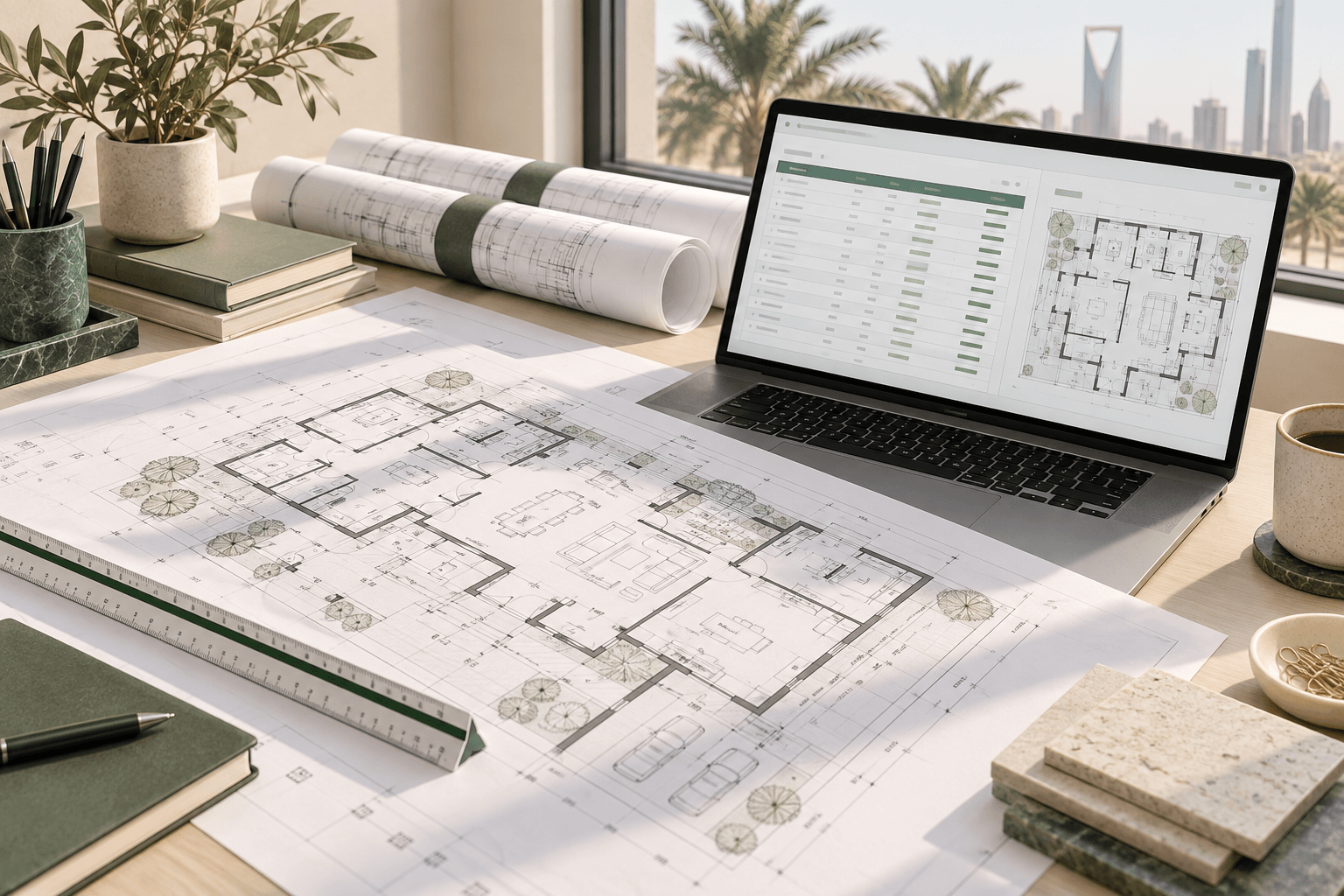 Architectural plans beside a laptop displaying quantities and a drawing preview