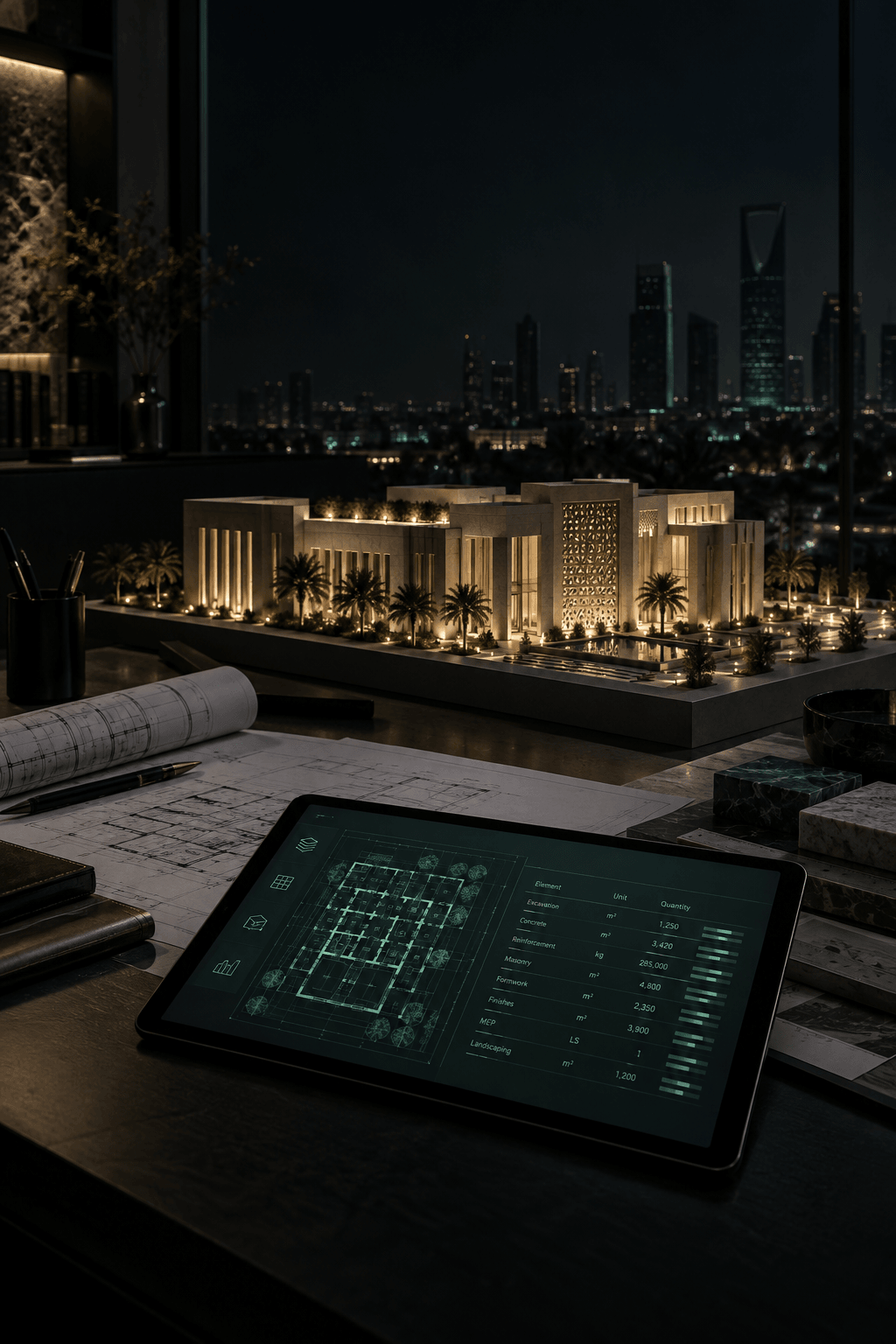 Architectural model, blueprints, and a digital quantity estimate on a dark planning desk