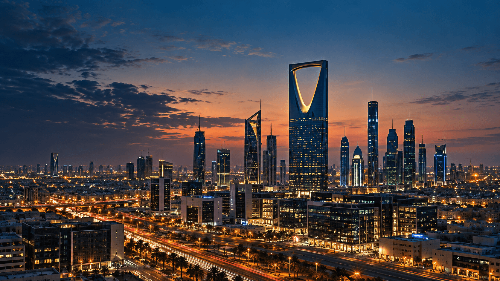 Riyadh-inspired skyline with illuminated towers at sunset