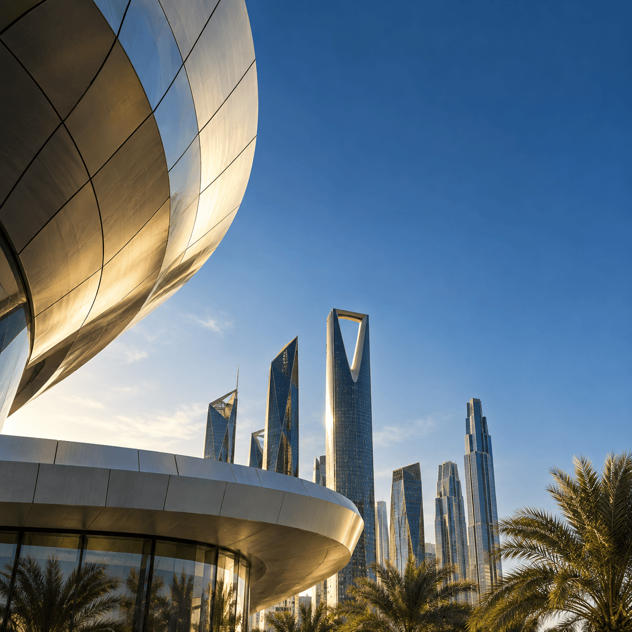 Sweeping metal facade and contemporary Saudi towers